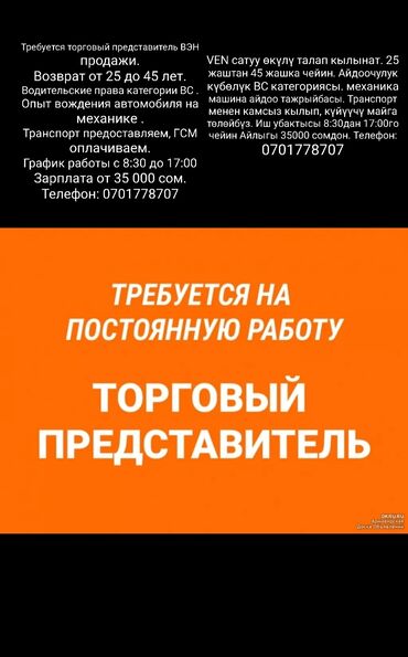 работа бишкек 1000 сом: Требуется торговый представитель ВЭН продажи. Возврат от 25 до 45 лет