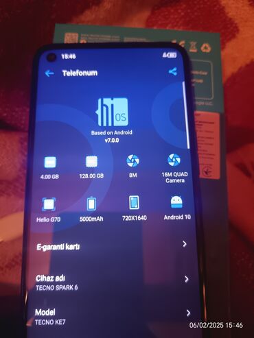 telfon aliram: Tecno Spark 6, 128 GB, rəng - Qara, İki sim kartlı, Face ID, Zəmanət
