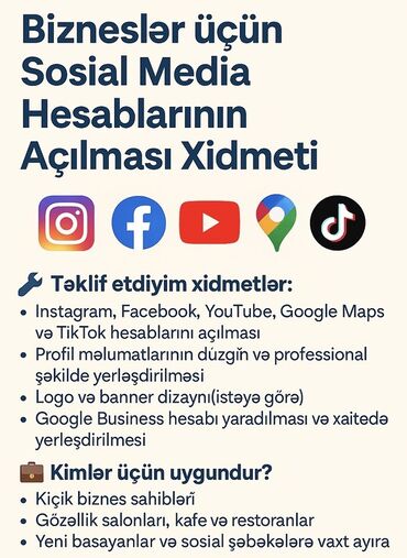 Reklam, çap: 📣 Bizneslər üçün Sosial Media Hesablarının Açarılması Xidməti! Siz