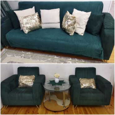 metbex ucun kunc divanlari: Б/у, Диван, 2 кресла, Раскладной