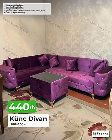 Künc Divan – 280×200 sm - Mexanizm: Açılan, bazalı - Yastıqlar: 6