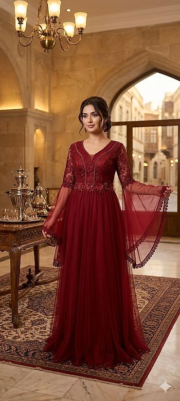 Bordo rəngli zərif ziyafət/libas - Model: uzun, yerə qədər ətəkli