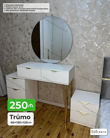 стол с зеркалом: Trümo dəsti – 40×180×120 sm Xüsusiyyətlər: - Dizayn: Ağ rəngli modern — 1
