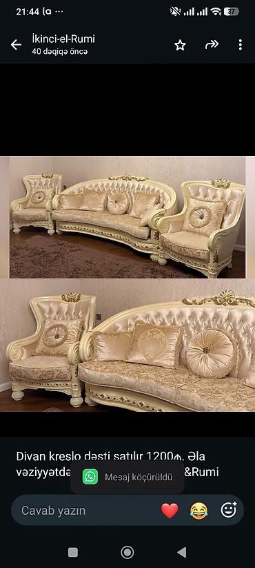 Divan kreslo dəsti satılır 1200₼. Əla vəziyyətdədir. Ünvan: Sumqayıt