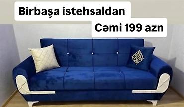 Mavi məxməri üçyerdli divan - Rəng: dərin mavi - Parça: yumşaq məxmər