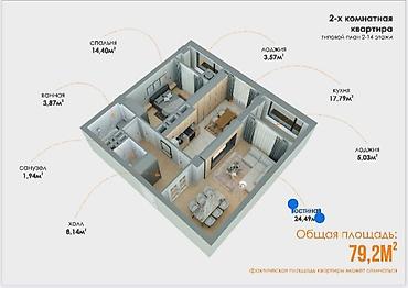 Продажа квартир: 2 комнаты, 79 м², Элитка, 8 этаж, Готовая ПСО (под самоотделку) at lalafo.kg — 7 Продажа квартир: 2 комнаты, 79 м², Элитка, 8 этаж, Готовая ПСО (под самоотделку) — 7
