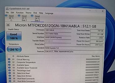 think: Micron 2500 M.2 NVMe 512 GB SSD (PCIe Gen4 x4). ​Sağlamlıq: 100% — 2