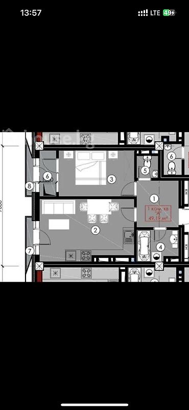 квартира бруклин: 1 комната, 49 м², Таш-Рабат ТРЦ Элитка, 5 этаж, ПСО (под самоотделку) — 3