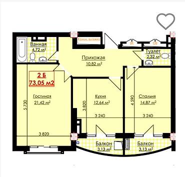 Продажа квартир: 2 комнаты, 73 м², Элитка, 8 этаж, Готовая ПСО (под самоотделку) — 13
