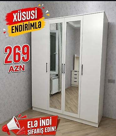 i̇kinci el: Ağ rəngdə, müasir dizaynlı 4 qapılı paltar şkafı. Orta hissədə 2 tam — 1