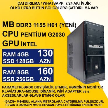 Masaüstü kompüterlər və iş stansiyaları: ⭐Pentium G2030/4GB Ram/128GB SSD – 130 AZN ⭐Pentium G2030/8GB