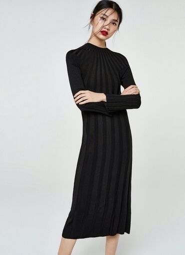 длинное черное трикотажное платье: Повседневное платье, Осень-весна, Длинная модель, Трикотаж, Лапша, M (EU 38)