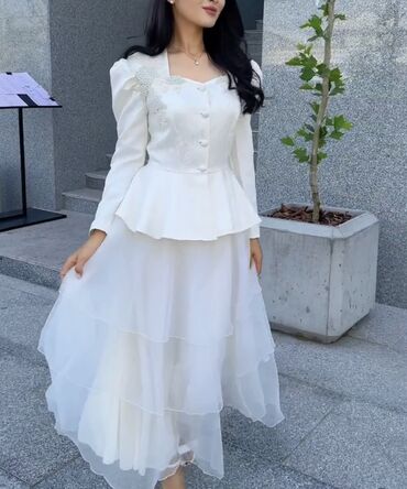 белая платье: Вечернее платье, Длинная модель, С рукавами, M (EU 38)
