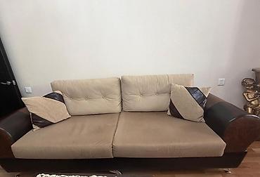divan kontakt home: Bej parça və qəhvəyi eko‑dəri kombinasiyalı divan və kreslo - İki — 2