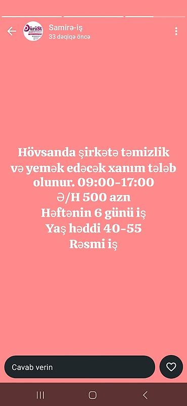 Xadimə tələb olunur, 46 yaşdan yuxarı, 6/1, Aylıq ödəniş lalafo.az -da Xadimə tələb olunur, 46 yaşdan yuxarı, 6/1, Aylıq ödəniş