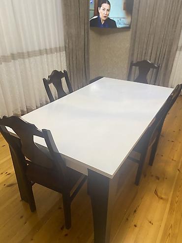 metbex ucun stol stullar: Ağ stol və 6 ədəd stul dəsti - Stol: düzbucaqlı forma, parlaq ağ — 2