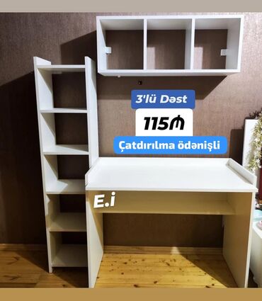 стеклянные полки на стену: 3’lü mebel dəsti – iş masası, dikey rəf bloku və divara asılan 3