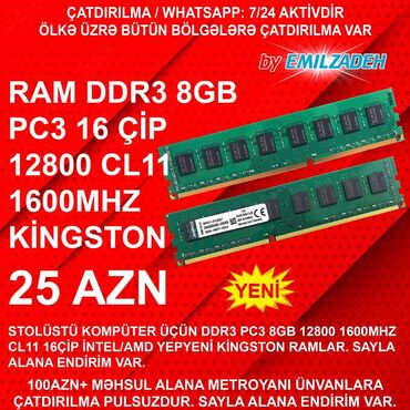 Elvin Emilzadə: Operativ yaddaş (RAM) Kingston, 8 GB, 1600 Mhz, DDR3, PC üçün, Yeni