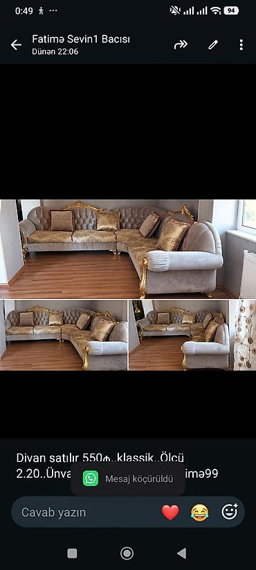 Divan satılır 550₼. klassik. Ölçü 2.20. Ünvan binə qəs. 8114. Fatimə99