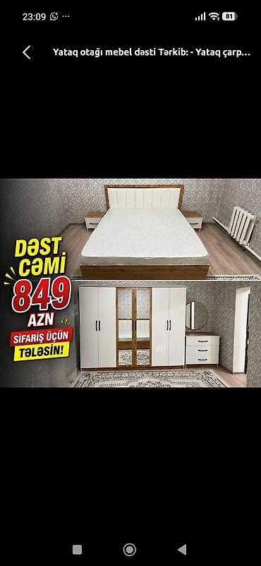 tunbucka: Yataq otağı mebel dəsti Tərkibi: - İkinefərlik çarpayı (yumşaq — 1