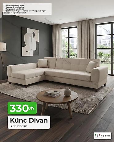 Divanlar: Künc divan – 260×160 sm - Mexanizm: açılan, bazalı (yataq funksiyası — 1