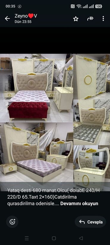carpayllar: Yataq desti 680 manat.Olcu( dolabE 240/H 220/D 65.Taxt