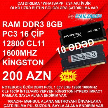 Ana platalar: Operativ yaddaş (RAM) HyperX, 8 GB, 1600 Mhz, DDR3, Noutbuk üçün, Yeni