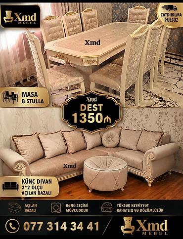 ev mebeleri: Xmd Mebel dəsti - Yemək otağı üçün masa və 8 stul - Künc divan: 3×2 — 1