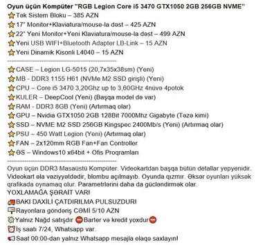 Masaüstü kompüterlər və iş stansiyaları: Oyun üçün Kompüter "RGB Legion Core i5 3470 GTX1050 2GB 256GB NVME” — 4