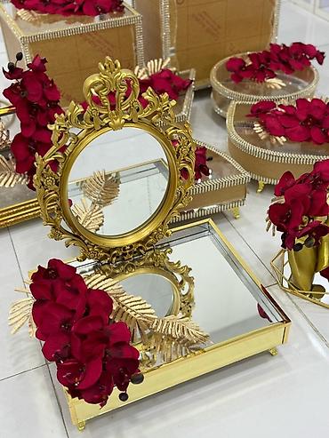 ramazan dekor: Xonca Toy ve Nisan ucun Qızıl rəngdə dekorativ güzgü və təqdimat dəsti — 1