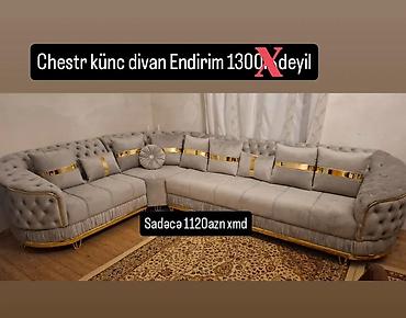 divan deri: Chestr künc divan - Rəng: açıq boz - Korpus və konturlar: qızılı — 1