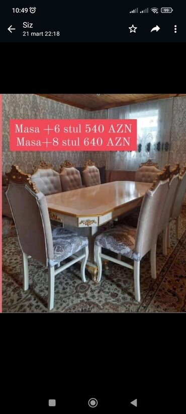stul desti: Qonaq otağı üçün, Yeni, Açılmayan, Dördbucaq masa, 6 stul, Azərbaycan