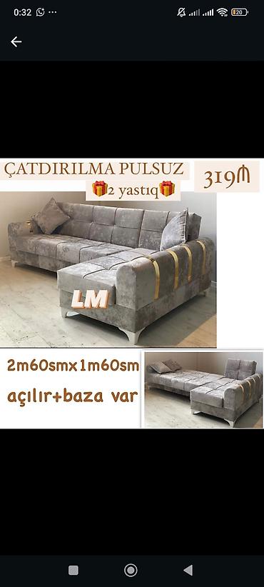Divanlar: Möhkəm və eleqant künc divanı – açılır mexanizmli, bazalı. - Ölçü: 2 m — 1