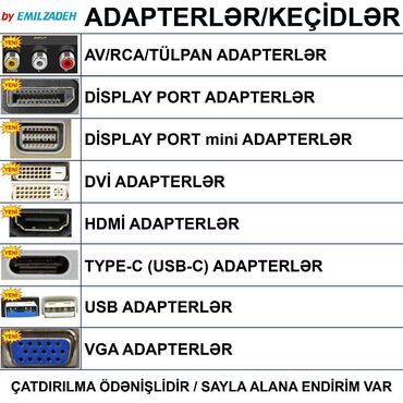 noutbuk adapteri: Adapterlər/Keçidlər 🚚Metrolara və ünvana çatdırılma var, ❗ÖDƏNİŞLİDİR❗