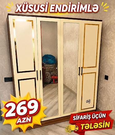 Paltar dolabları, qarderoblar: 4 qapılı paltar şkafı - Rəng: krem/bej tonları, qızılı dekor xətləri — 9