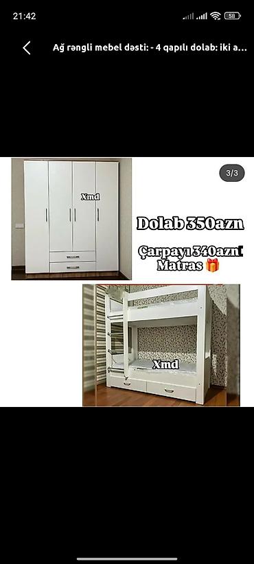 gəncə mebel: Ağ rəngli mebel dəsti - 4 qapılı paltar dolabı: iki alt çekməce — 1