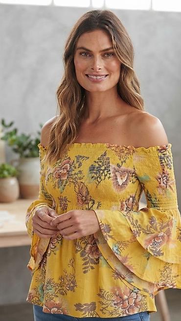 Ženska bluzica na ramena (off-shoulder) – žuta, cvetni print - Kroj
