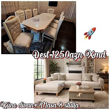 klassik stol: Künc divan + Masa və 8 stul dəsti - Künc divan: Yumşaq bej rəngli — 1