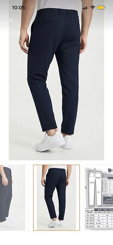 Kişi geyimləri: Məhsul: Kişi şalvarı – tünd göy - Kəsim: Slim-fit, düz paça; gündəlik — 4