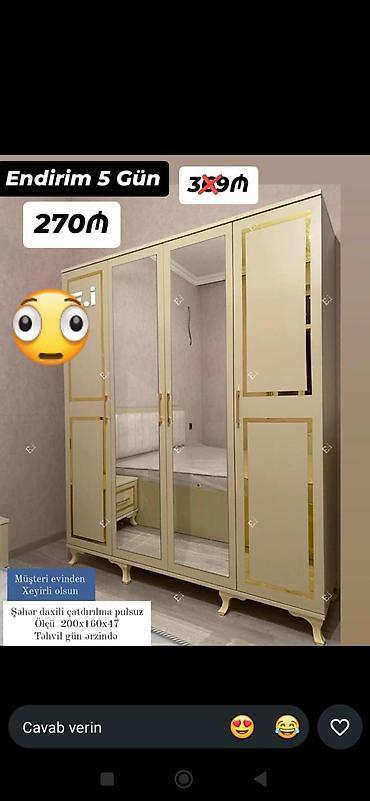 Klassik üslubda 4 qapılı geyim dolabı - Rəng: krem, qızılı detallar -