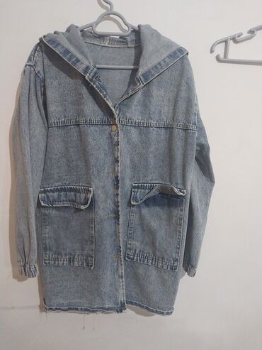 женские кофты со шнуровкой: Uzun denim kapüşonlu gödəkçə - Material: orta qalınlıqda mavi