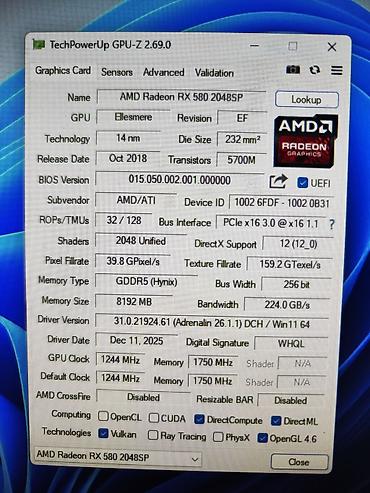 gtx 580: Videokart AMD Radeon RX 580, 8 GB, Yeni — 4