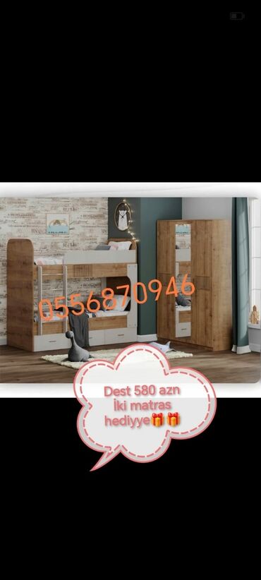 Uşaq və gənc otağı üçün dəstlər: Oğlan və qız üçün, Yeni, Təknəfərlik çarpayı, Dolab, Tumba — 5