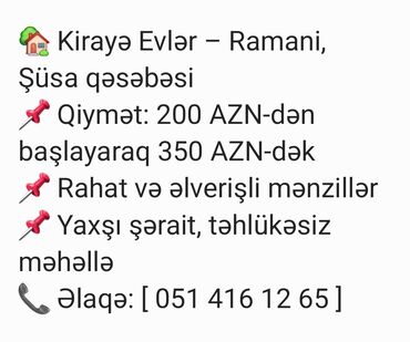 kirayə evlər xırdalan 2023: Kirayə evlər – Ramani, Şuşa qəsəbəsi - Qiymət aralığı: 200 AZN-dən