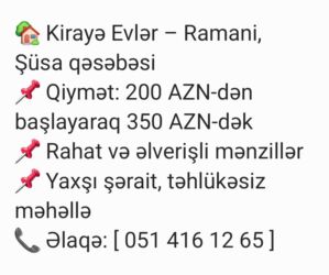 ümid qesebesi: Salam Ramani Susa Qesebesinde Kiraye Evlerimiz Var Isdeyen Olsa Elaqe