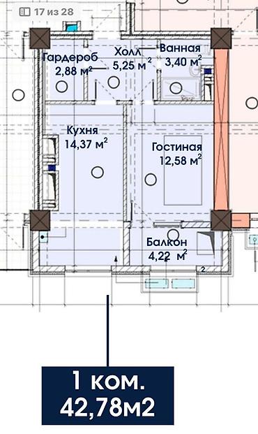 1300: 1 комната, 43 м², Площадь Победы Элитка, 3 этаж, ПСО (под самоотделку) — 2