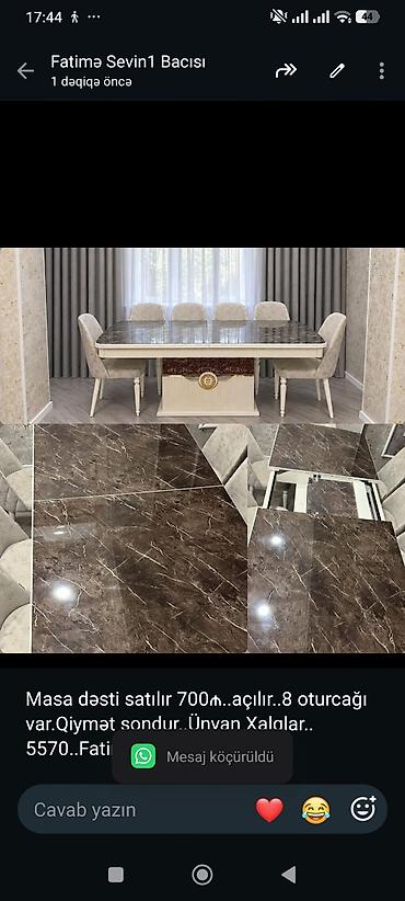 Masa dəsti satılır 700₼. açılır. 8 oturcağı var.Qiymət sondur. Ünvan lalafo.az -da Masa dəsti satılır 700₼. açılır. 8 oturcağı var.Qiymət sondur. Ünvan