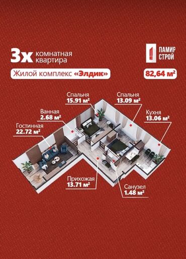 горького: 3 бөлмө, 83 кв. м, Элитка, 6 кабат, ПСО (өзү оңдоп түзөтүп бүтүү үчүн)