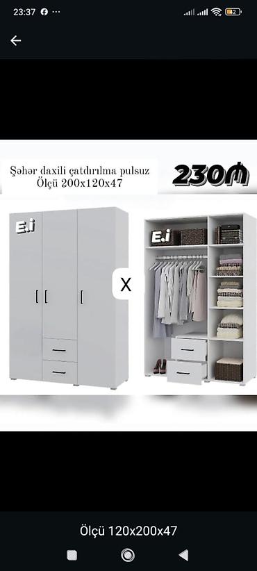 3 qapılı paltar dolabı – ağ rəng - Ölçü: 200 x 120 x 47 sm (şəkildə