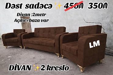 koja divanlar: Dəst: divan + 2 kreslo • Rəng: tünd qəhvəyi • Material: yumşaq parça — 1